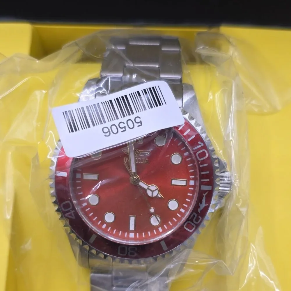 Invicta Pro Diver Men's Quartz Watch 200m, Red Dial/Bezel, SS Bracelet 50506